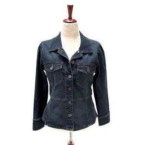 Democracy Dark Wash Denim Peplum Jean Jacket Structured Fit Button Front Indigo